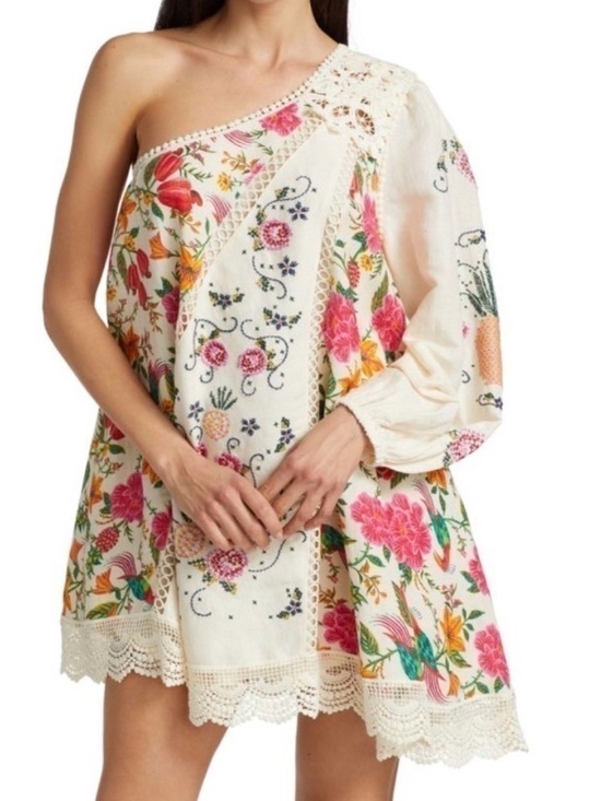 FARM Rio Dresses & Skirts - FARM Rio One-Shoulder Cream Floral Mini Dress with Pink & Green Accents